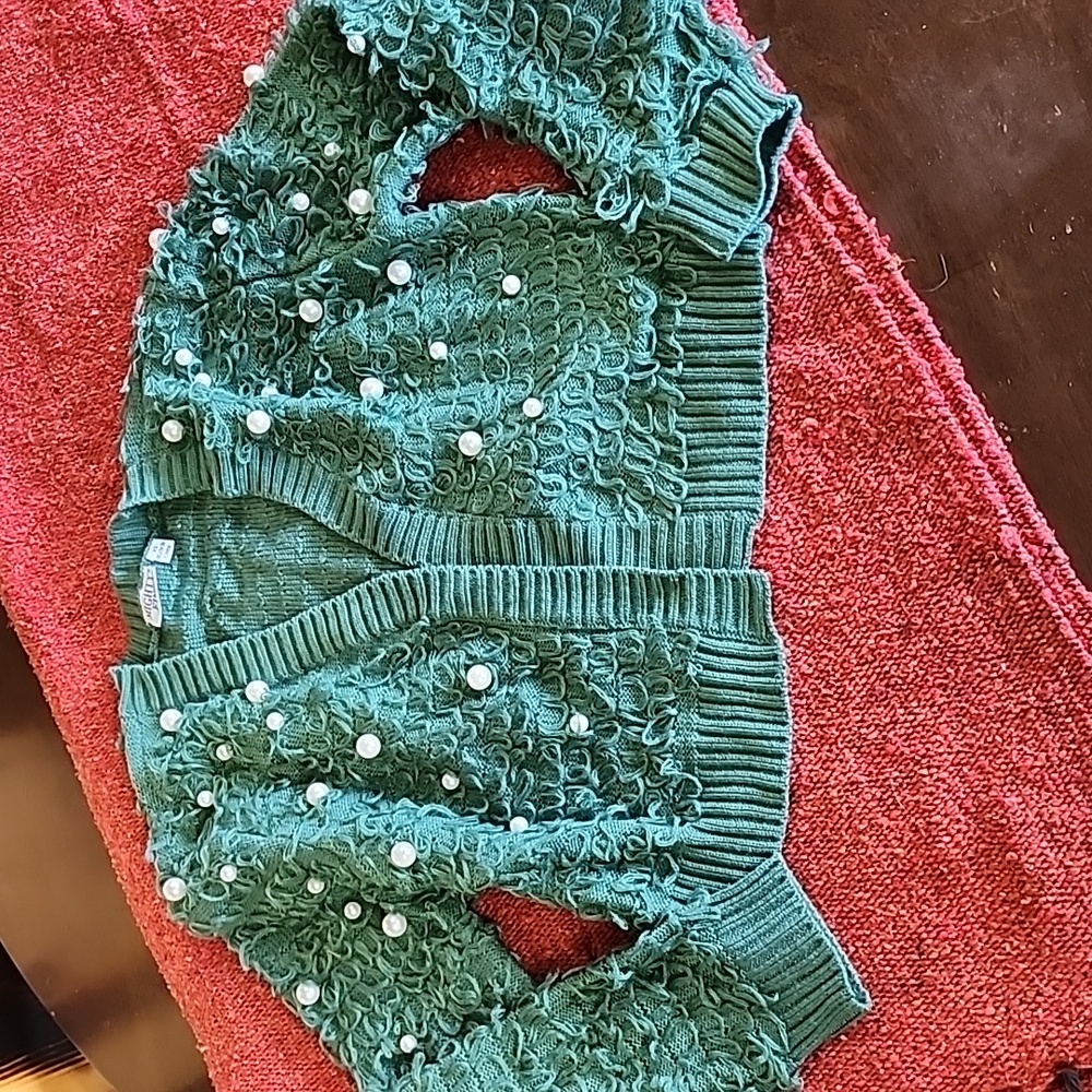 Green Cardigan with lage white beading